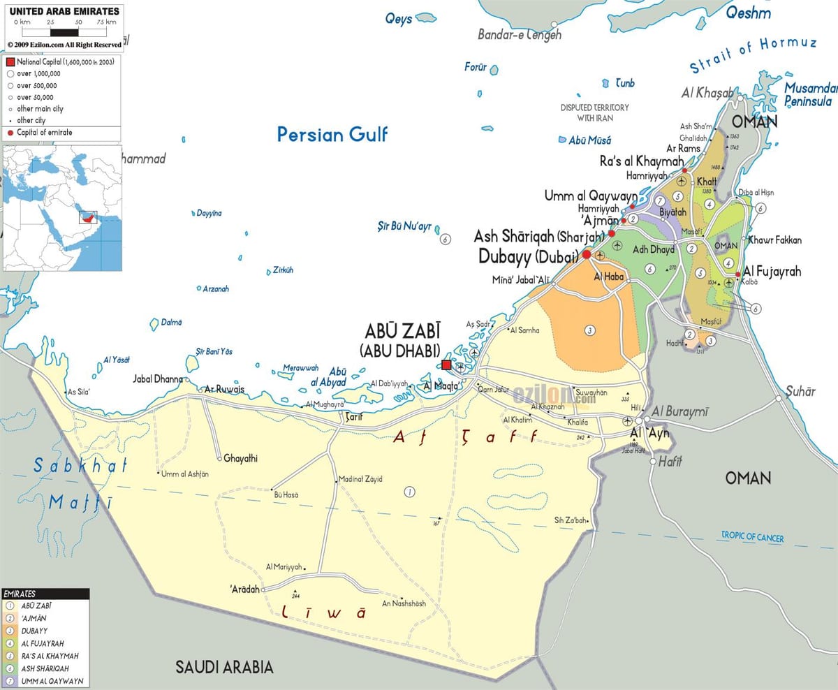 kart over Dubai, de forente arabiske Emirater