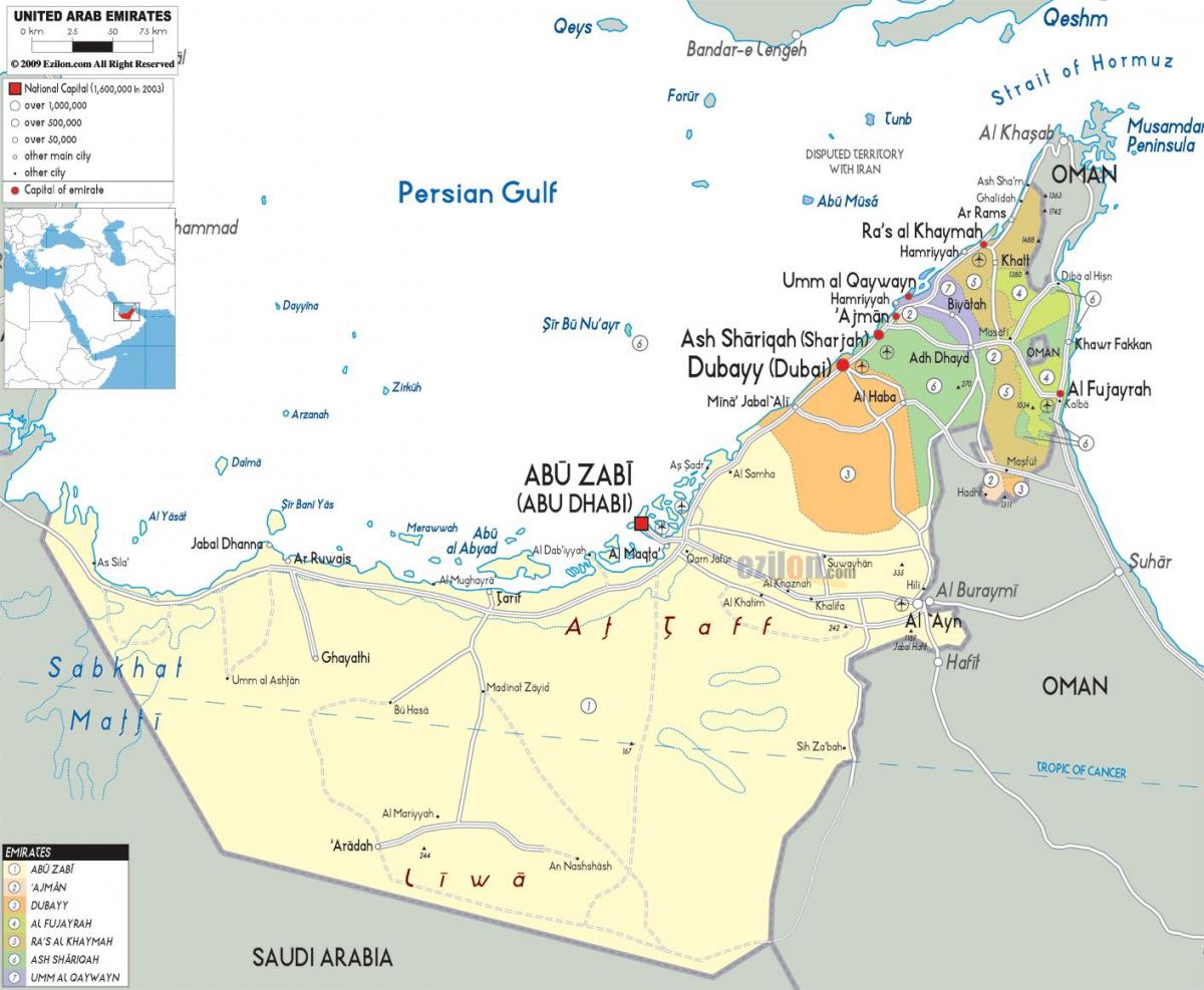 kart over Dubai, de forente arabiske emirater