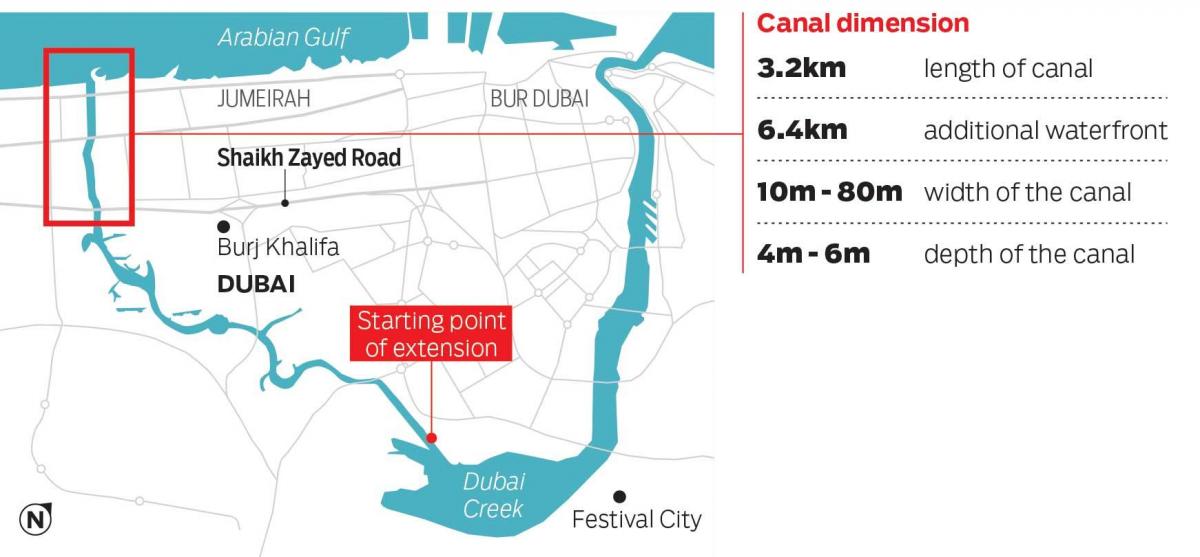 kart over Dubai-kanalen